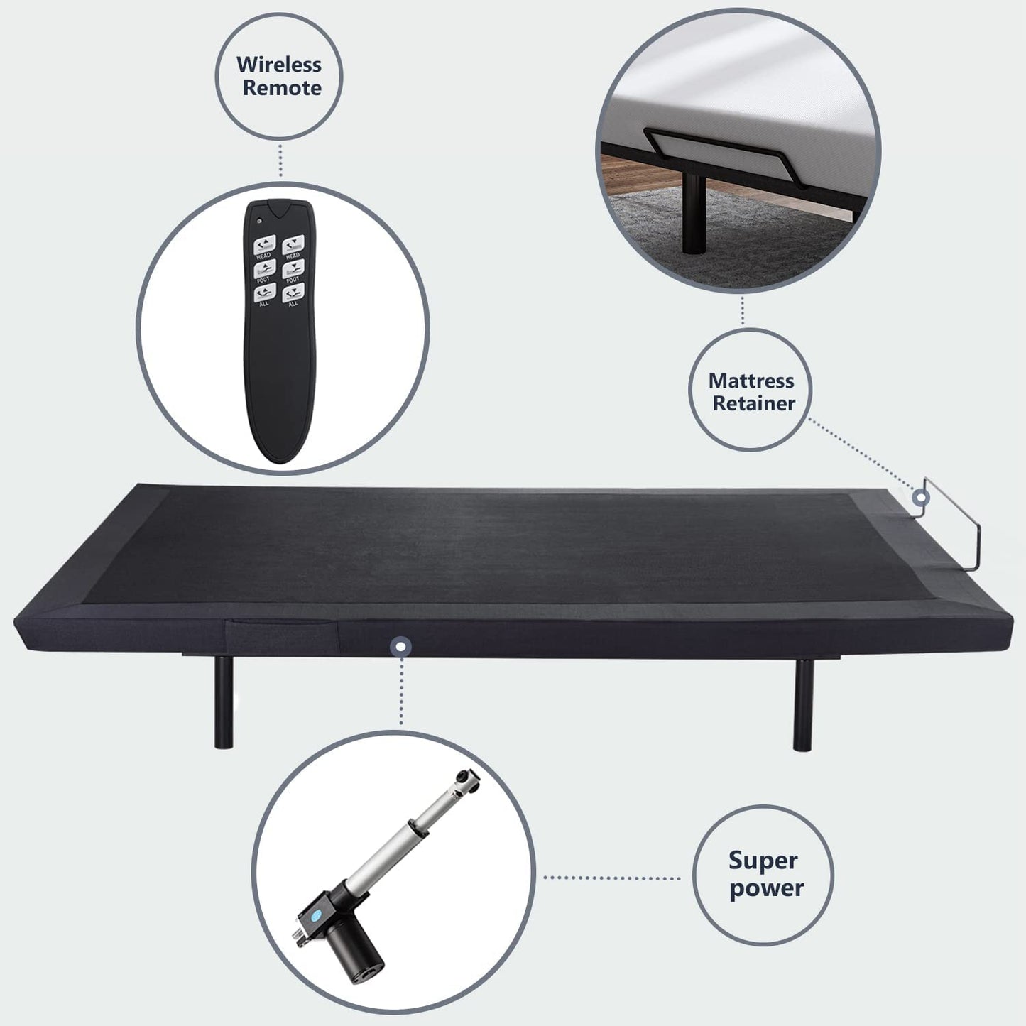 Allewie King Adjustable Bed Base Frame with New Generation Motor, Wireless Remote, Upholstered