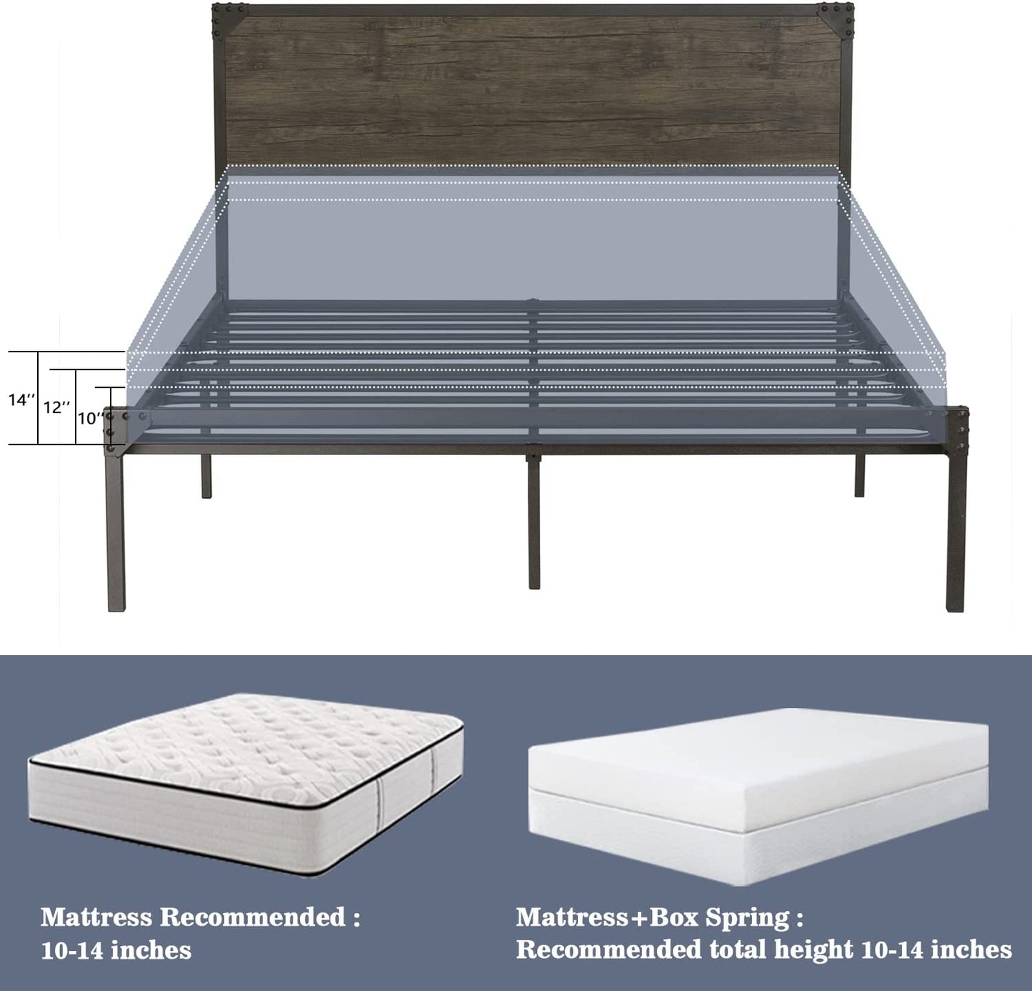 Allewie Queen Size Industrial Bed Frame with Wooden Rivet Headboard, Strong Steel Slat Support