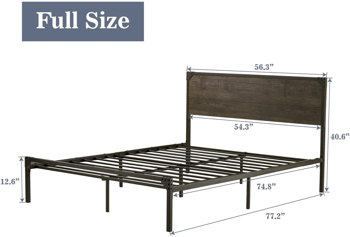 Allewie Queen Size Industrial Bed Frame with Wooden Rivet Headboard, Strong Steel Slat Support
