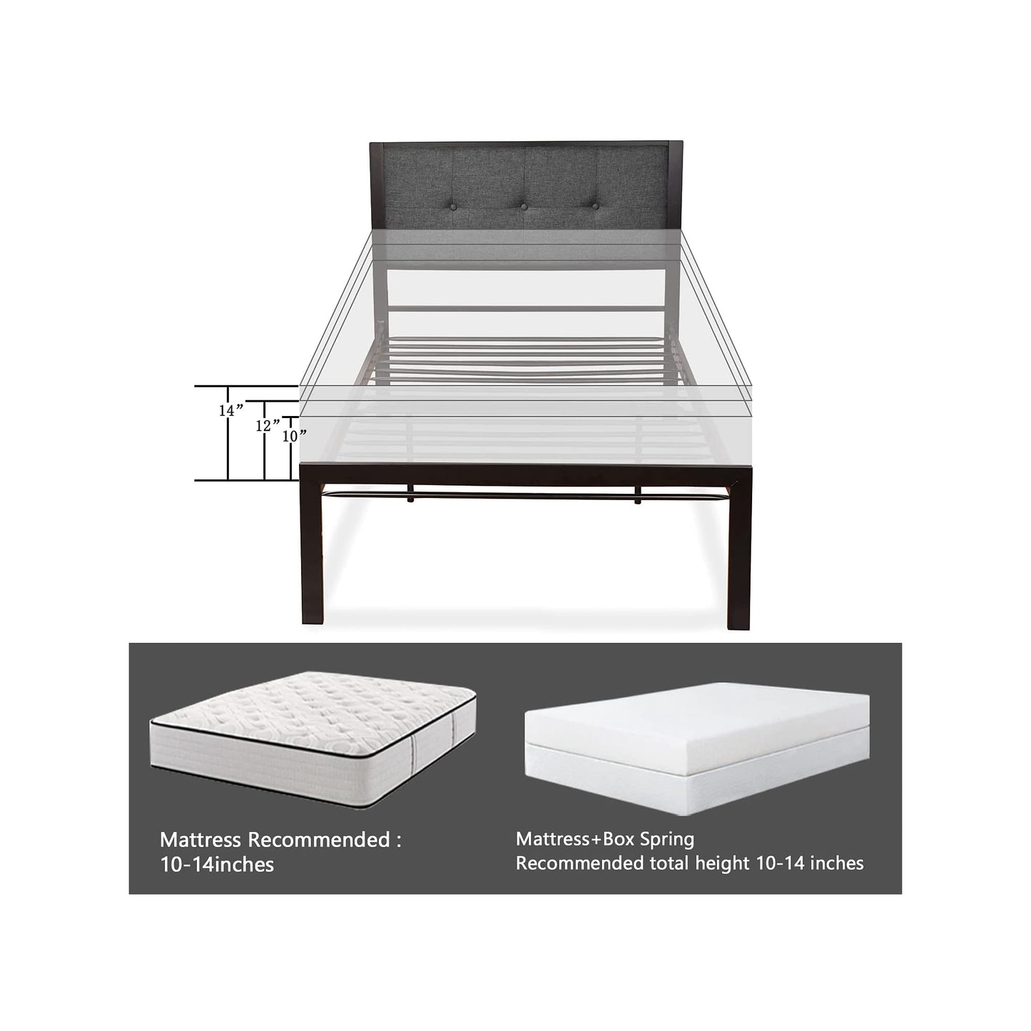 Allewie Twin Platform Bed with Upholstered Button Tufted Headboard with 11" Under-Bed Storage, Grey