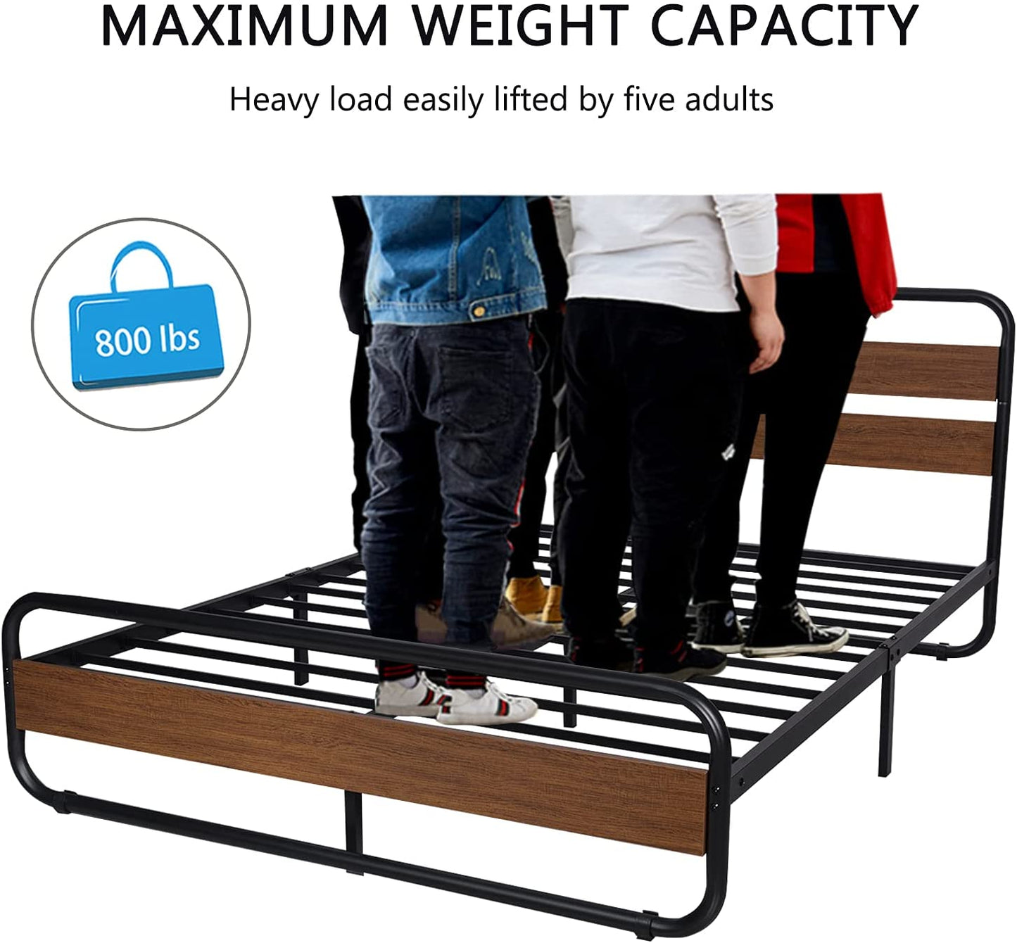 Allewie Metal Bed Frame with Wooden Headboard & Footboard, Heavy Duty Platform Frame with Under-Bed Storage