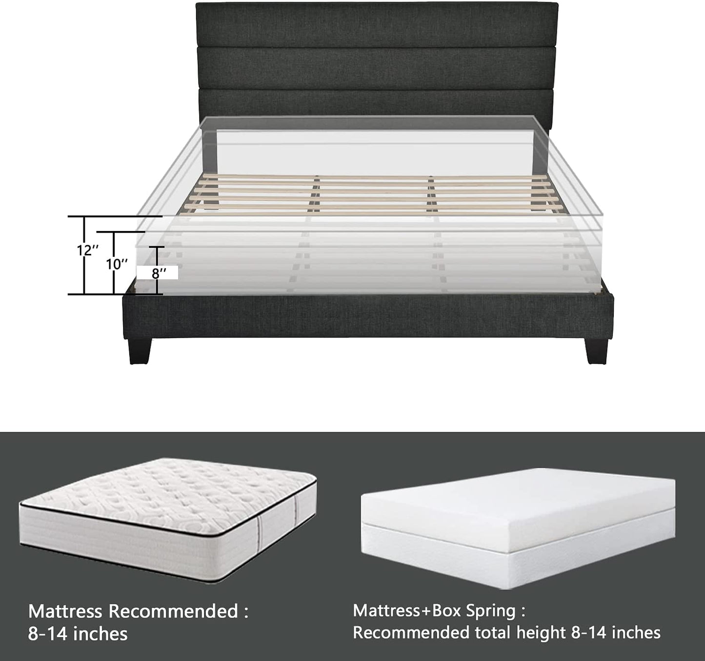 Allewie King Fully Upholstered Platform Bed Frame with Headboard, Dark Grey