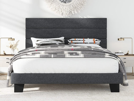 Allewie King Fully Upholstered Platform Bed Frame with Headboard, Dark Grey