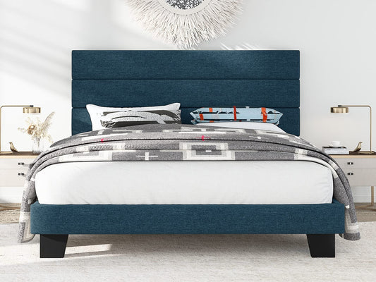 Allewie Queen Size Fabric Fully Upholstered Platform Bed Frame with Headboard and Strong Wooden Slats, Navy Blue
