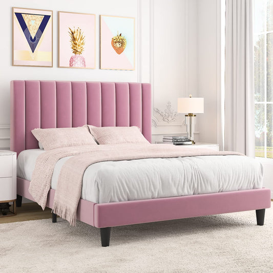 Allewie Velvet Upholstered Bed Frame with Vertical Channel Tufted Headboard