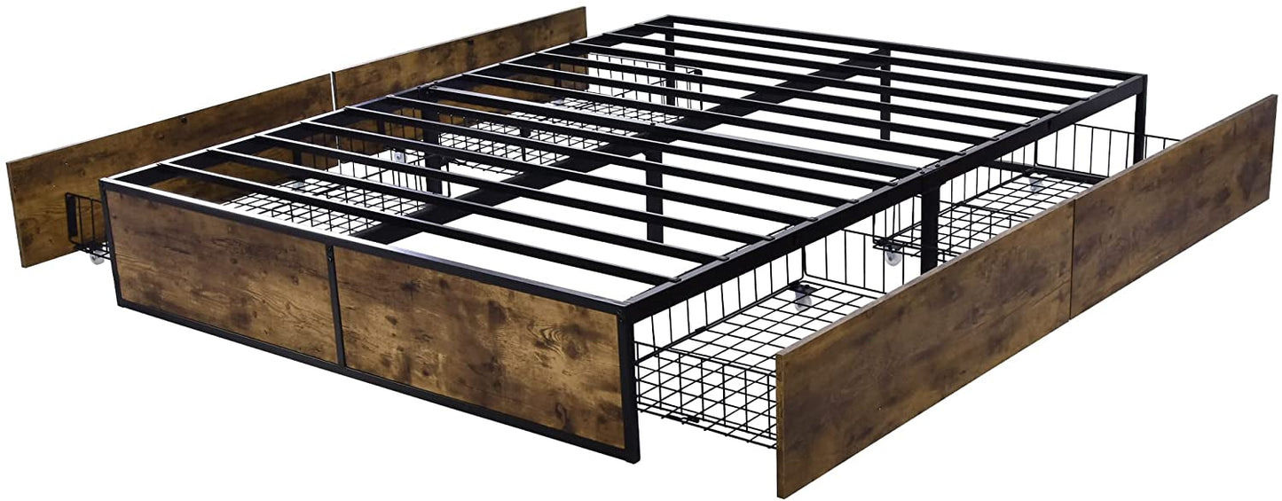 Allewie Platform Bed Frame with 4 Large Storage Drawers, Heavy Duty Metal Queen Bed Frame with Wooden Footboard & 13 Strong Slat Support