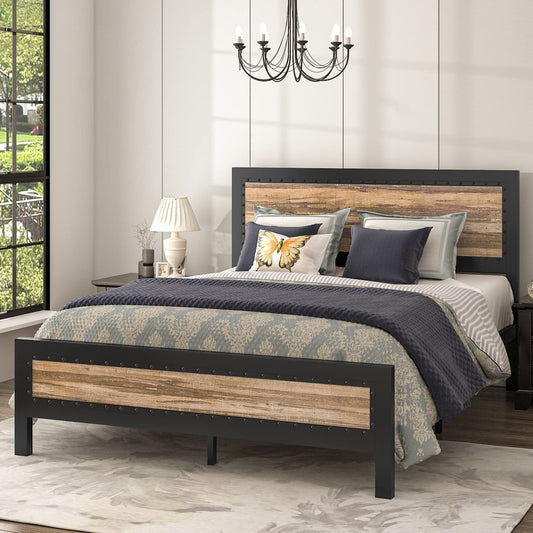 Allewie Brown Queen Size Metal Platform Bed Frame with Rivet Headboard and Black Frame, Industrial Wooden Headboard