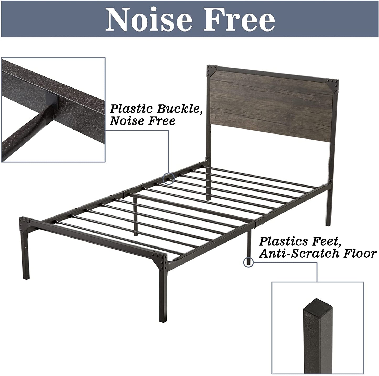 Allewie Queen Size Industrial Bed Frame with Wooden Rivet Headboard, Strong Steel Slat Support
