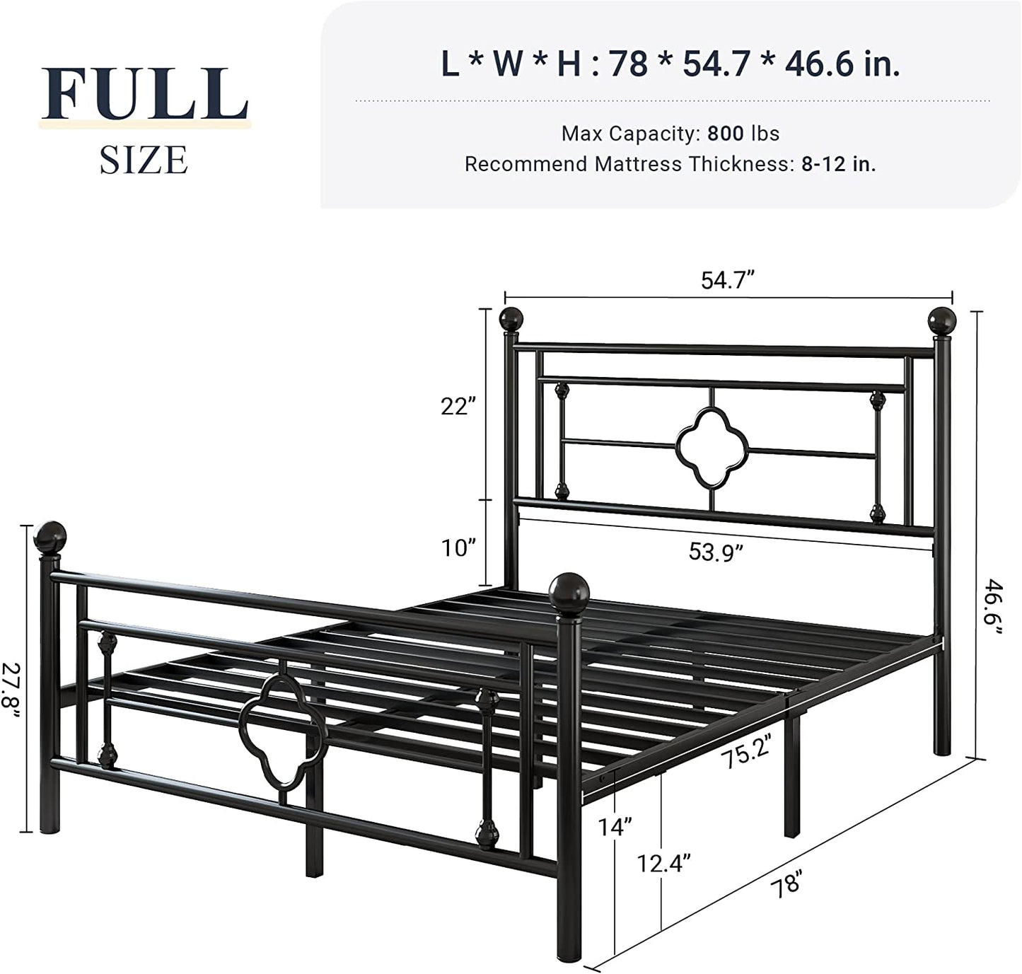 Allewie Metal Platform Bed Frame with Victorian Vintage Headboard and Footboard, Black