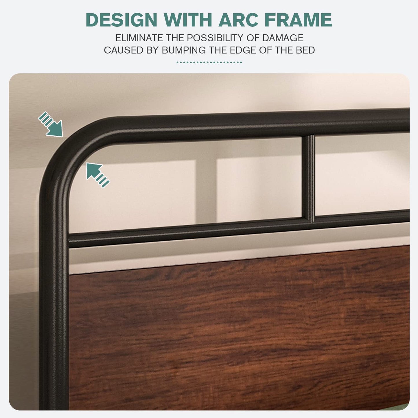 Allewie Walnut Metal Platform Bed Frame with Wooden Headboard