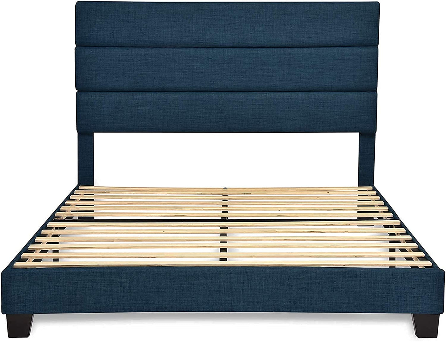 Allewie Queen Size Fabric Fully Upholstered Platform Bed Frame with Headboard and Strong Wooden Slats, Navy Blue