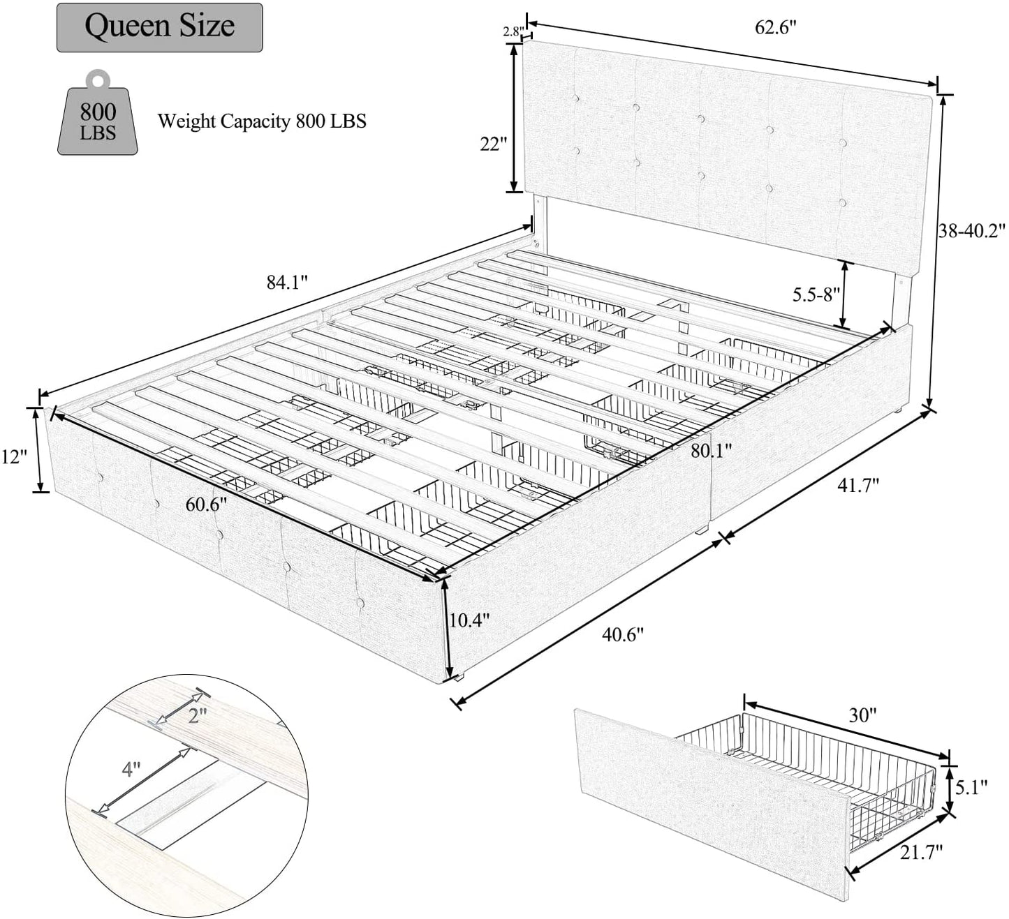 Allewie Platform Bed Frame with 4 Drawers Storage and Headboard, Diamond Stitched Button Tufted Upholstered Mattress Foundation with Wood Slat Support