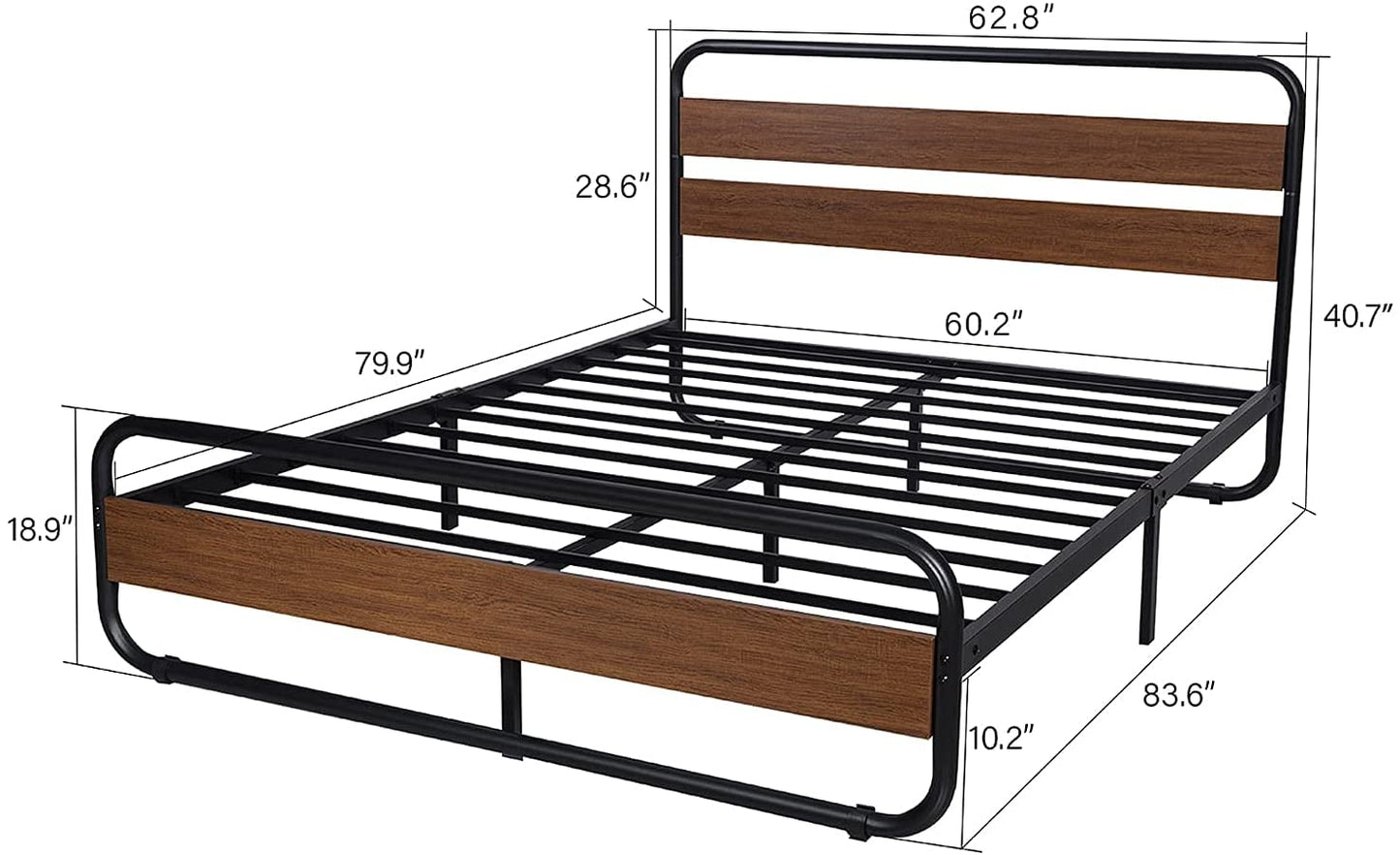Allewie Metal Bed Frame with Wooden Headboard & Footboard, Heavy Duty Platform Frame with Under-Bed Storage