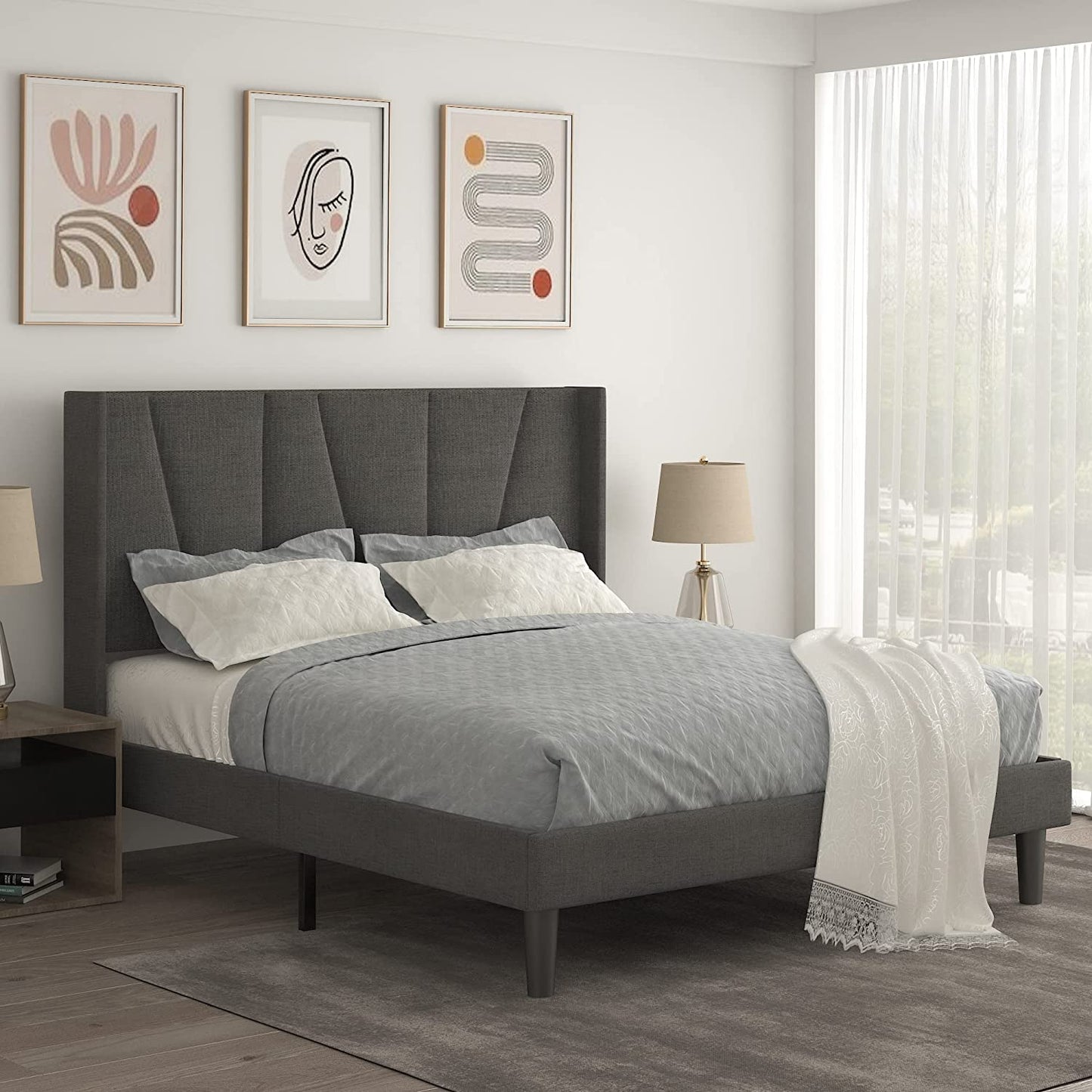 Allewie full Size Modern Platform Bed Frame with Upholstered Geometric Wingback Headboard, Grey
