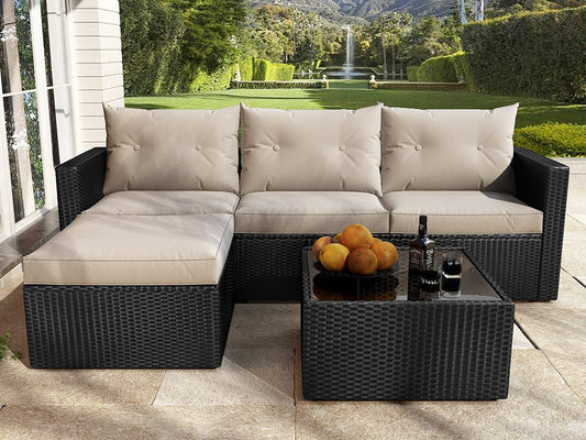 Patio Conversation Set, 3 Pieces PE Wicker Rattan Outdoor Furniture Set, Lounge Sofa and Loveseat with Cushions, Tempered Glass Coffee Table