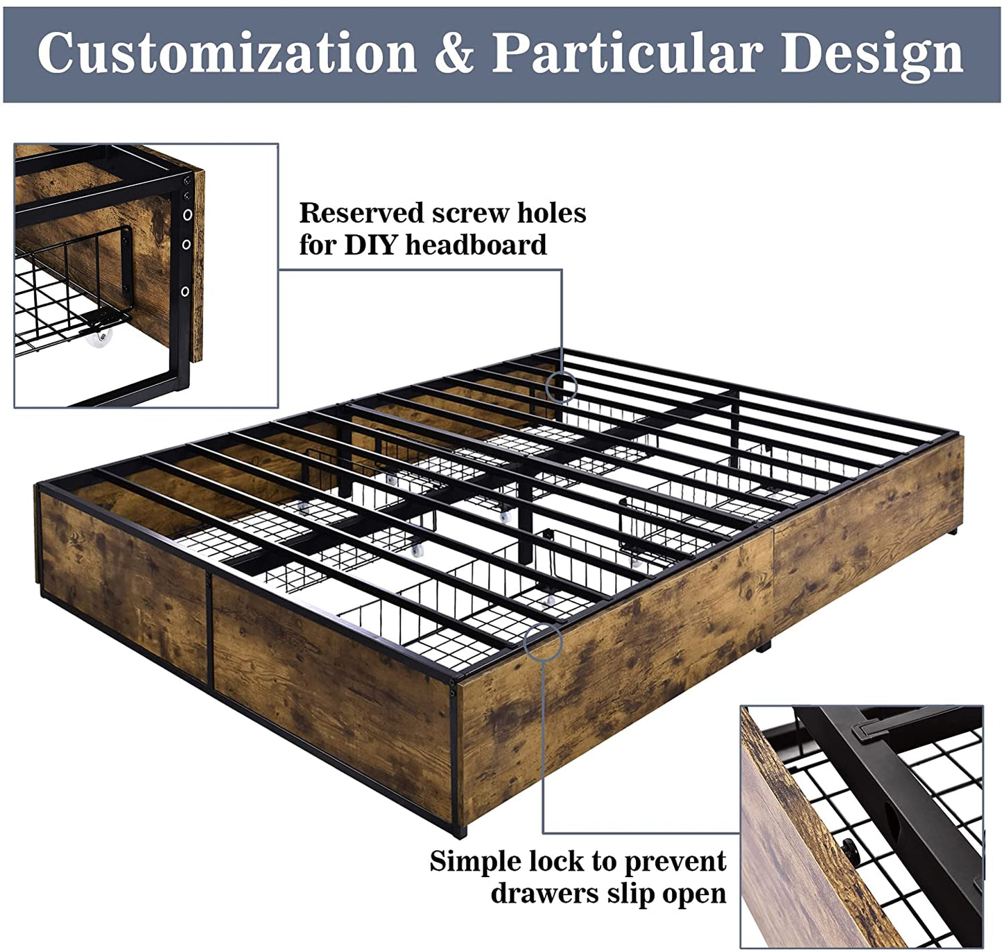 Allewie Platform Bed Frame with 4 Large Storage Drawers, Heavy Duty Metal Queen Bed Frame with Wooden Footboard & 13 Strong Slat Support