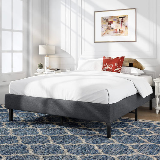 Allewie Queen Size Upholstered Platform Bed Frame, 24 Wooden Slats Support, No Box Spring Needed, Dark Gray