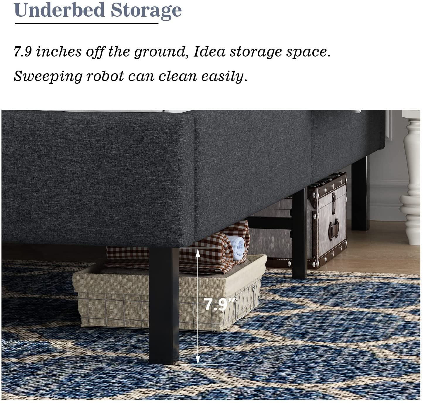 Allewie Queen Size Upholstered Platform Bed Frame, 24 Wooden Slats Support, No Box Spring Needed, Dark Gray
