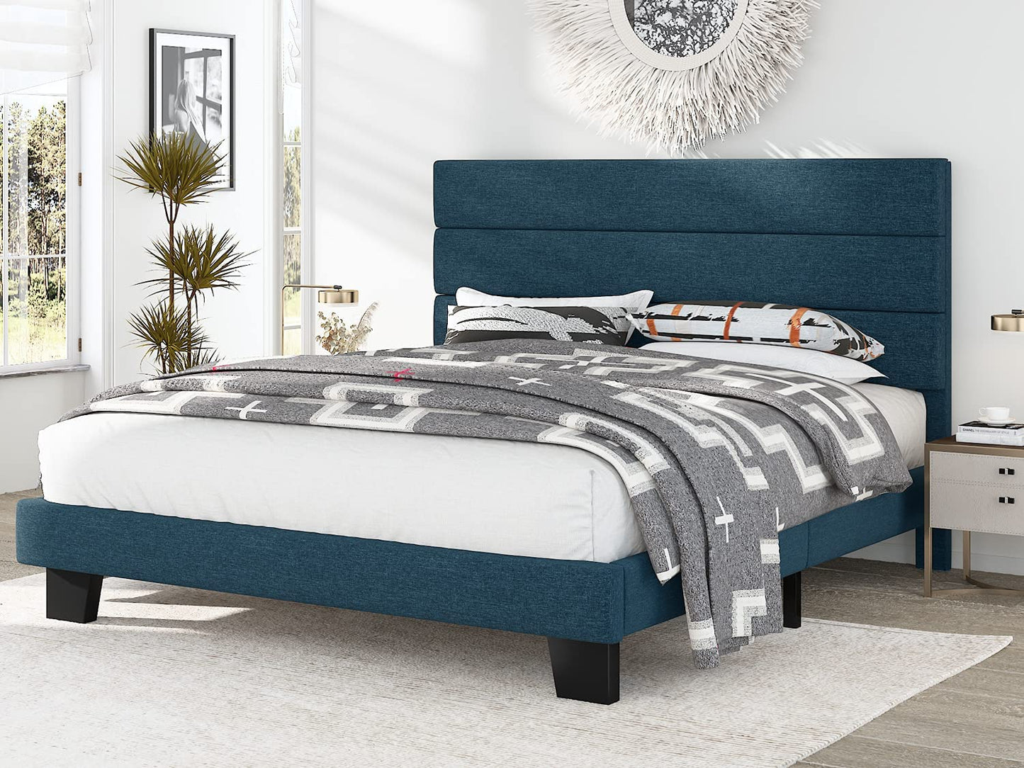 Allewie King Size Fabric Fully Upholstered Platform Bed Frame with Headboard and Strong Wooden Slats, Navy Blue
