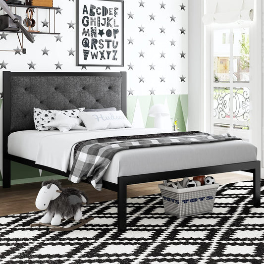 Allewie Twin Size Metal Platform Bed frame with Tufted Diamond Stitched Fabric Headboard, Strong Steal Slats Support, Dark Grey