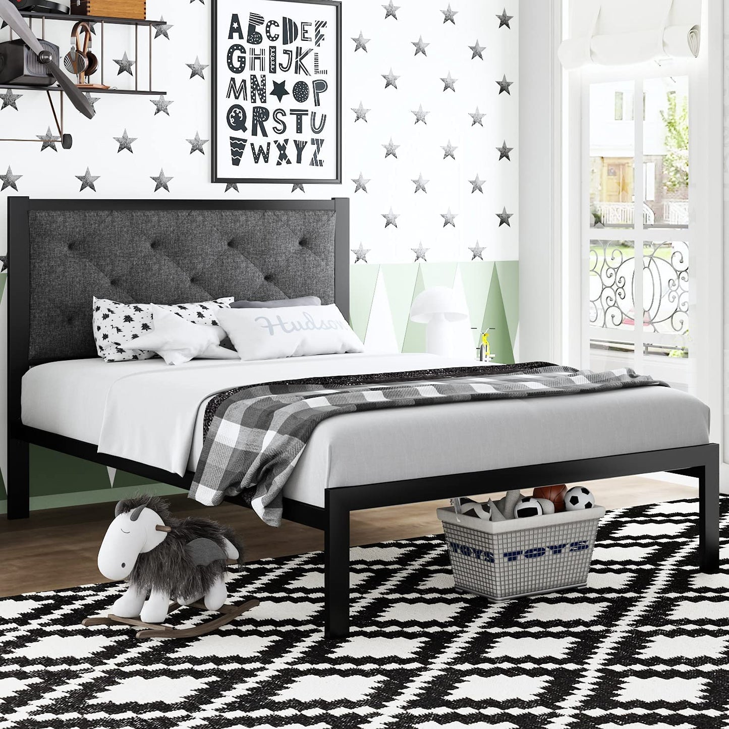 Allewie Full Size Platform Bed Frame with Fabric Upholstered Headboard,  Dark Grey 