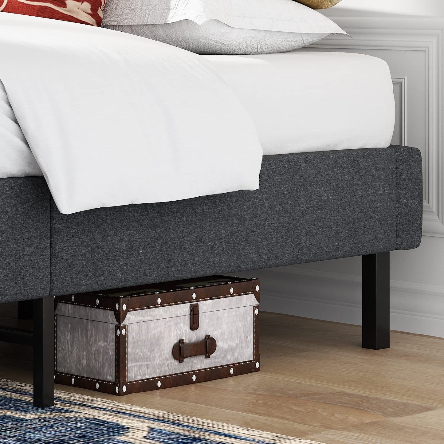 Allewie Queen Size Upholstered Platform Bed Frame, 24 Wooden Slats Support, No Box Spring Needed, Dark Gray