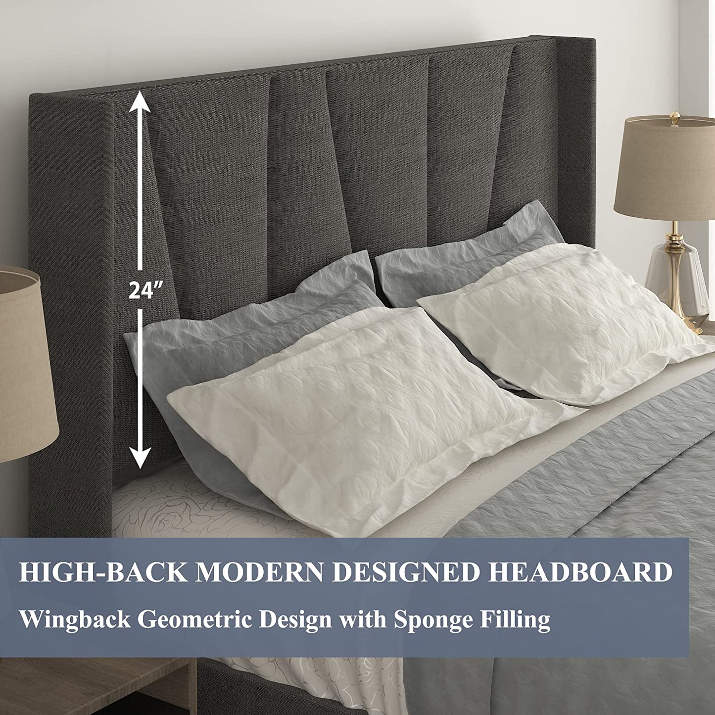 Allewie full Size Modern Platform Bed Frame with Upholstered Geometric Wingback Headboard, Grey