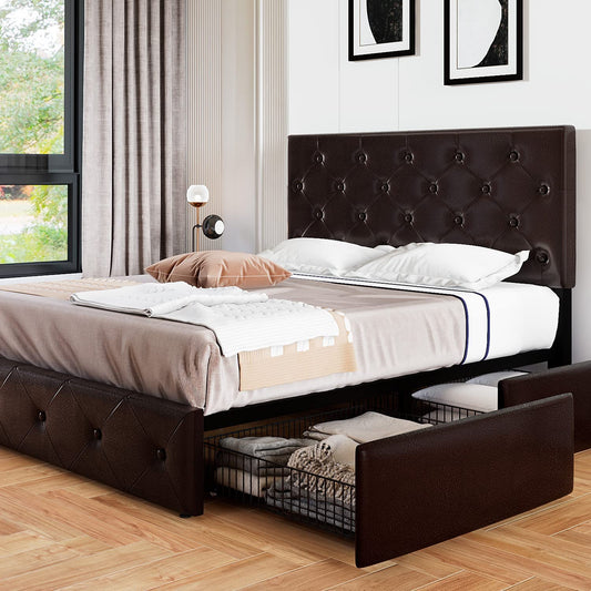 Allewie Platform Bed Frame with 4 Drawers, Diamond Stitched Button Tufted Faux Leather Upholstered