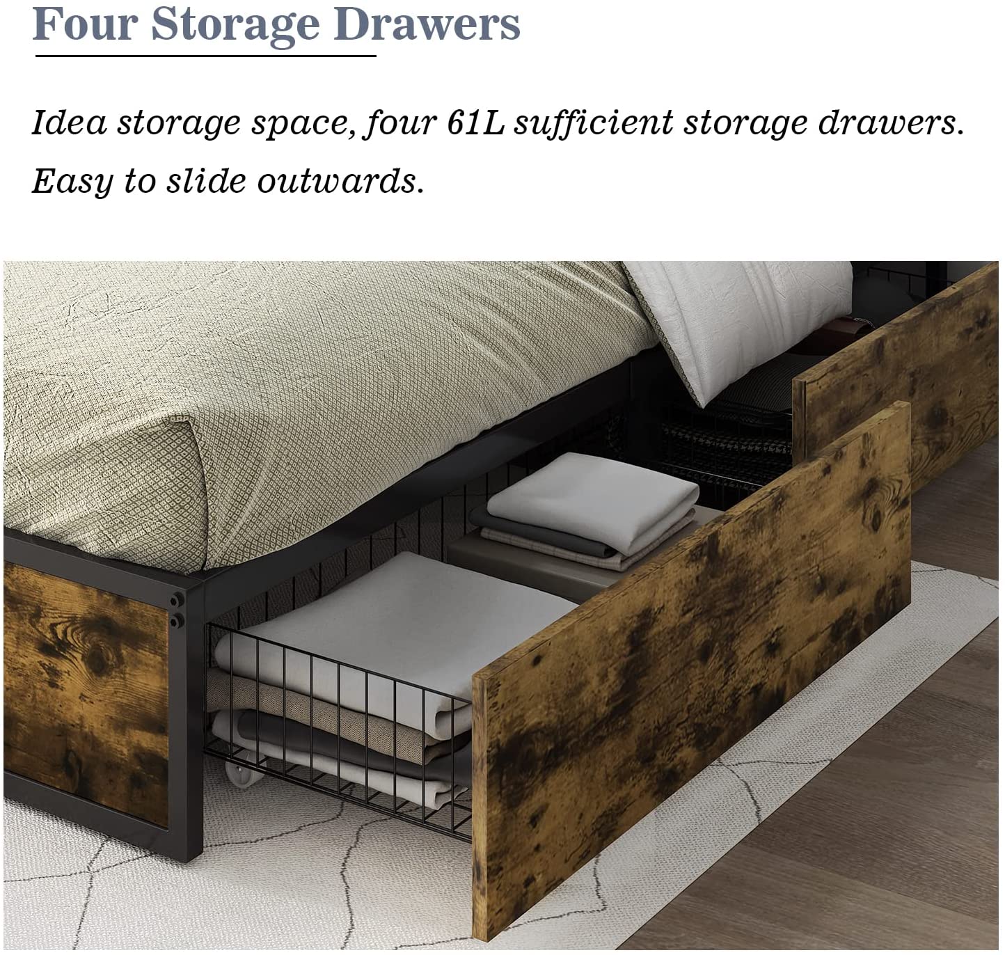 Allewie Platform Bed Frame with 4 Large Storage Drawers, Heavy Duty Metal Queen Bed Frame with Wooden Footboard & 13 Strong Slat Support