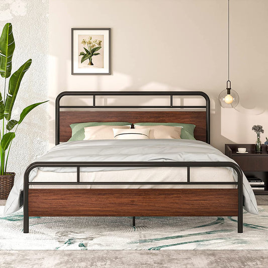 Allewie Walnut Queen Size Metal Platform Bed Frame with Wooden Headboard
