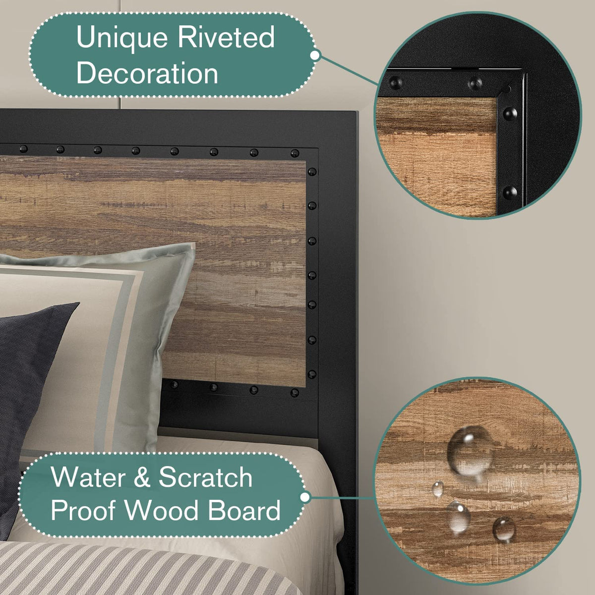 Bed Rivet Allewie Brown Queen Size Metal Platform Bed Frame with Rivet Headboard