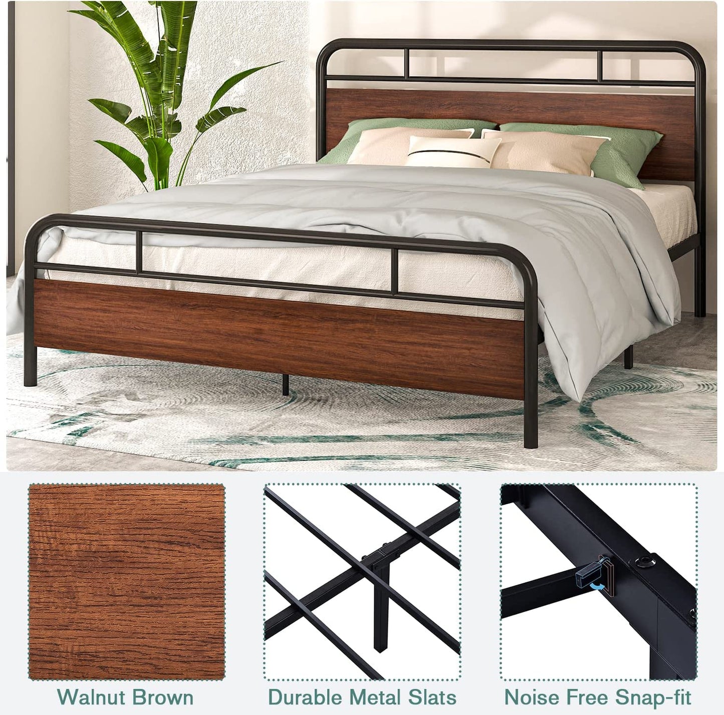 Allewie Walnut Metal Platform Bed Frame with Wooden Headboard
