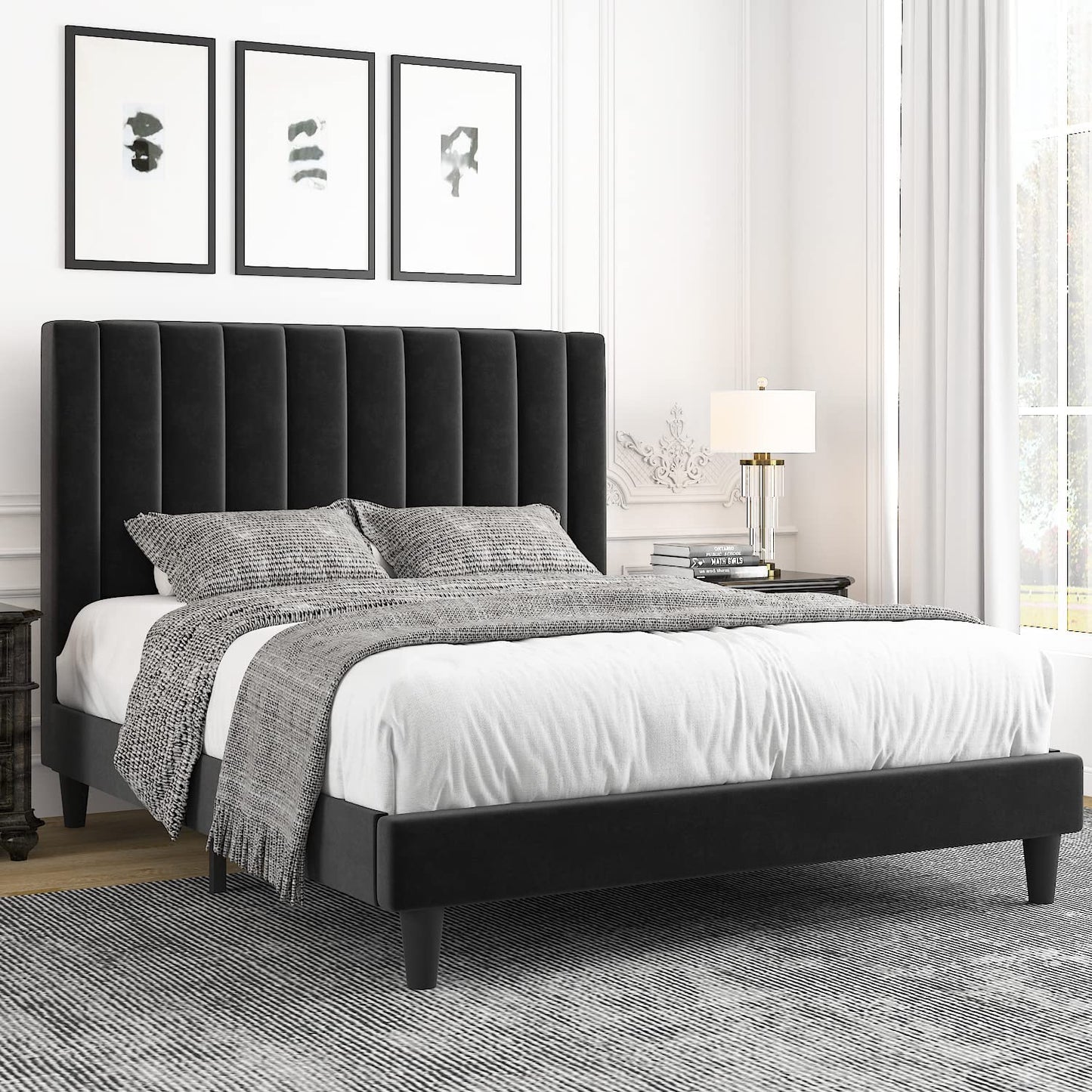Allewie Velvet Upholstered Bed Frame with Vertical Channel Tufted Headboard, Black