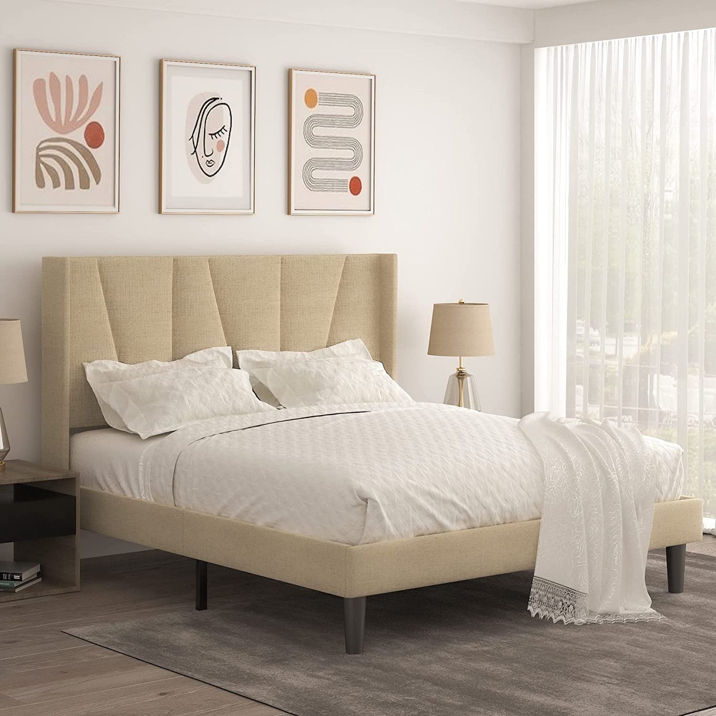 Allewie full Size Modern Platform Bed Frame with Upholstered Geometric Wingback Headboard, Beige