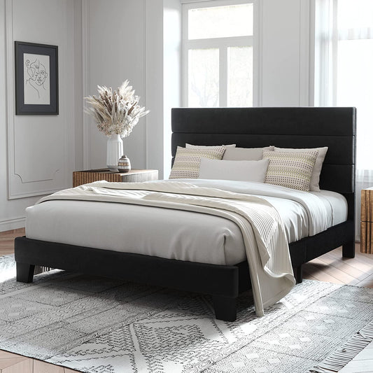 Allewie Full Size Platform Bed Frame with Velvet Upholstered Headboard and Wooden Slats Support, Black