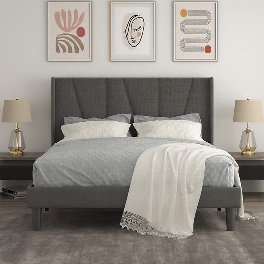 Allewie full Size Modern Platform Bed Frame with Upholstered Geometric Wingback Headboard, Grey