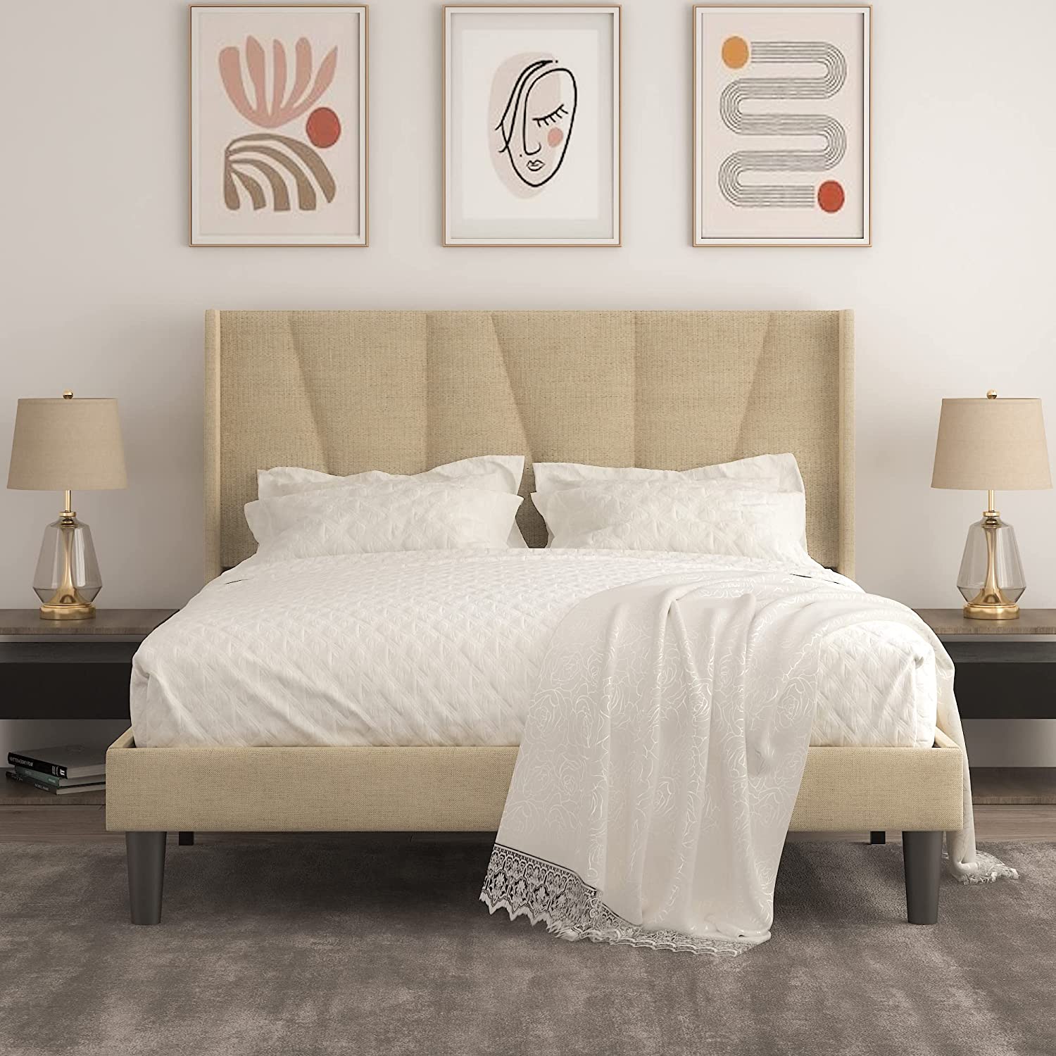 Allewie full Size Modern Platform Bed Frame with Upholstered Geometric