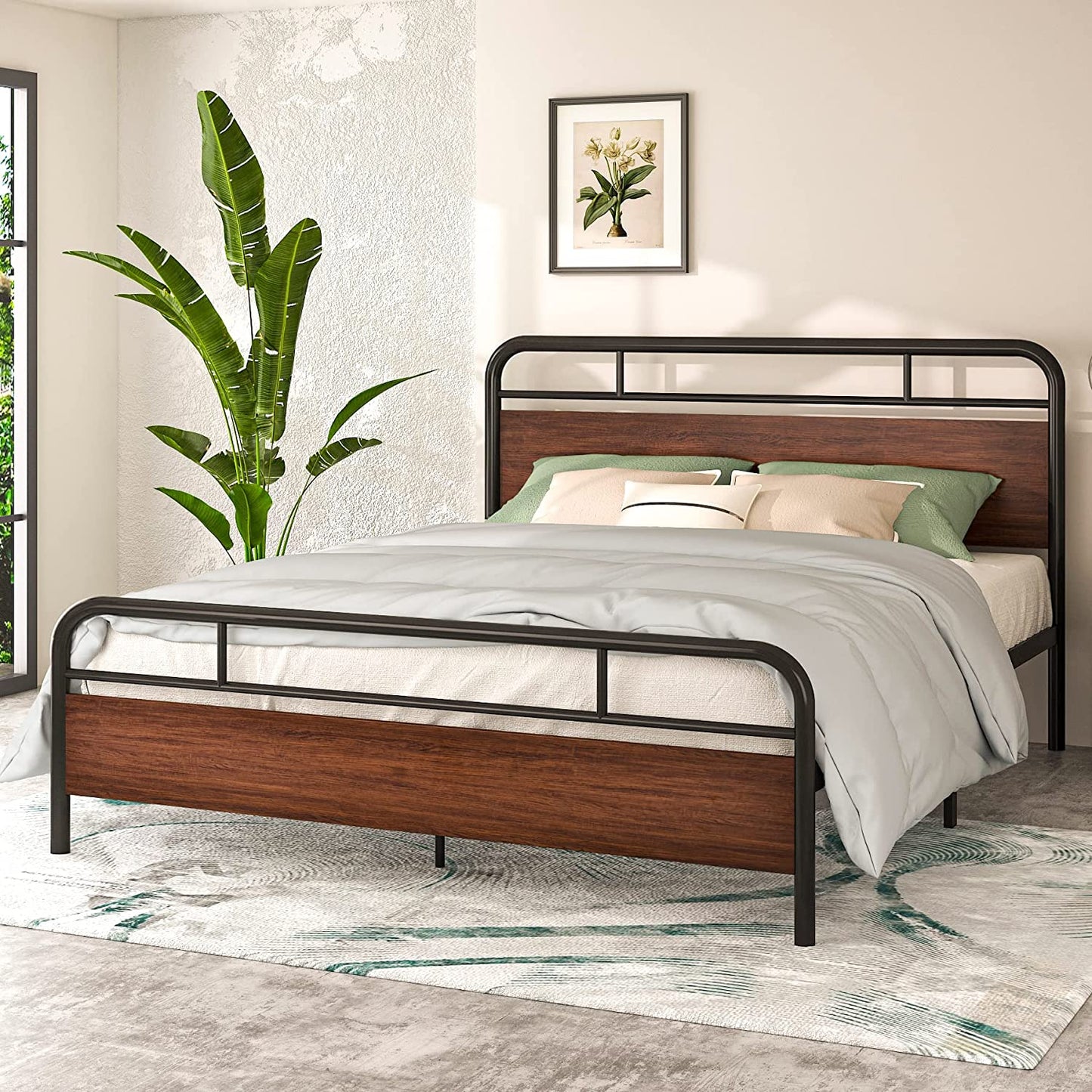 Allewie Walnut Metal Platform Bed Frame with Wooden Headboard