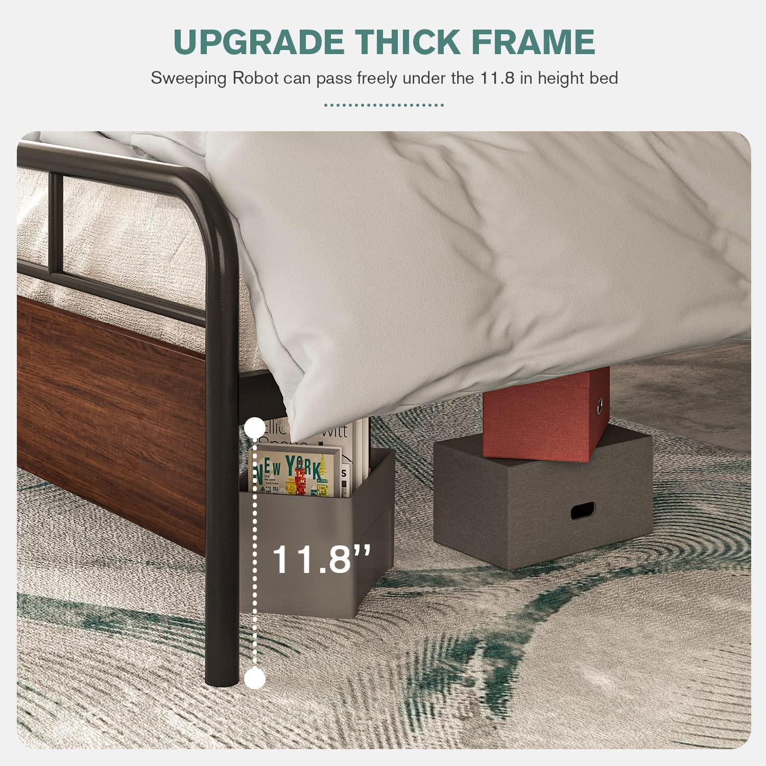 Allewie Queensize bedframe met hoofdeinde, robuuste metalen platformbasis met sterke ondersteuning, onder opslagruimte, stabiele matrasbasis, geen boxspring nodig, bruin Allewie Queensize bedframe met hoofdeinde, robuuste metalen platformbasis met sterke ondersteuning, onder opslagruimte, stabiele matrasbasis, geen boxspring nodig, bruin