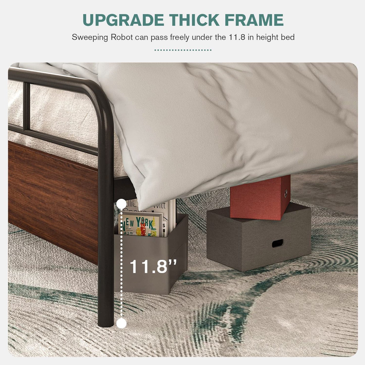 Allewie Walnut Metal Platform Bed Frame with Wooden Headboard