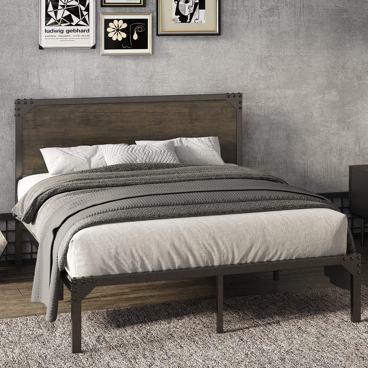 Bed Rivet Allewie Queen Size Industrial Bed Frame with Wooden Rivet Headboard, S