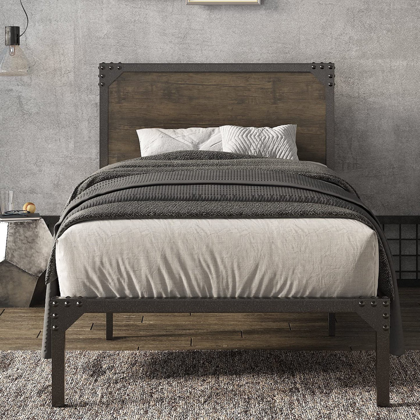 Allewie Queen Size Industrial Bed Frame with Wooden Rivet Headboard, Strong Steel Slat Support