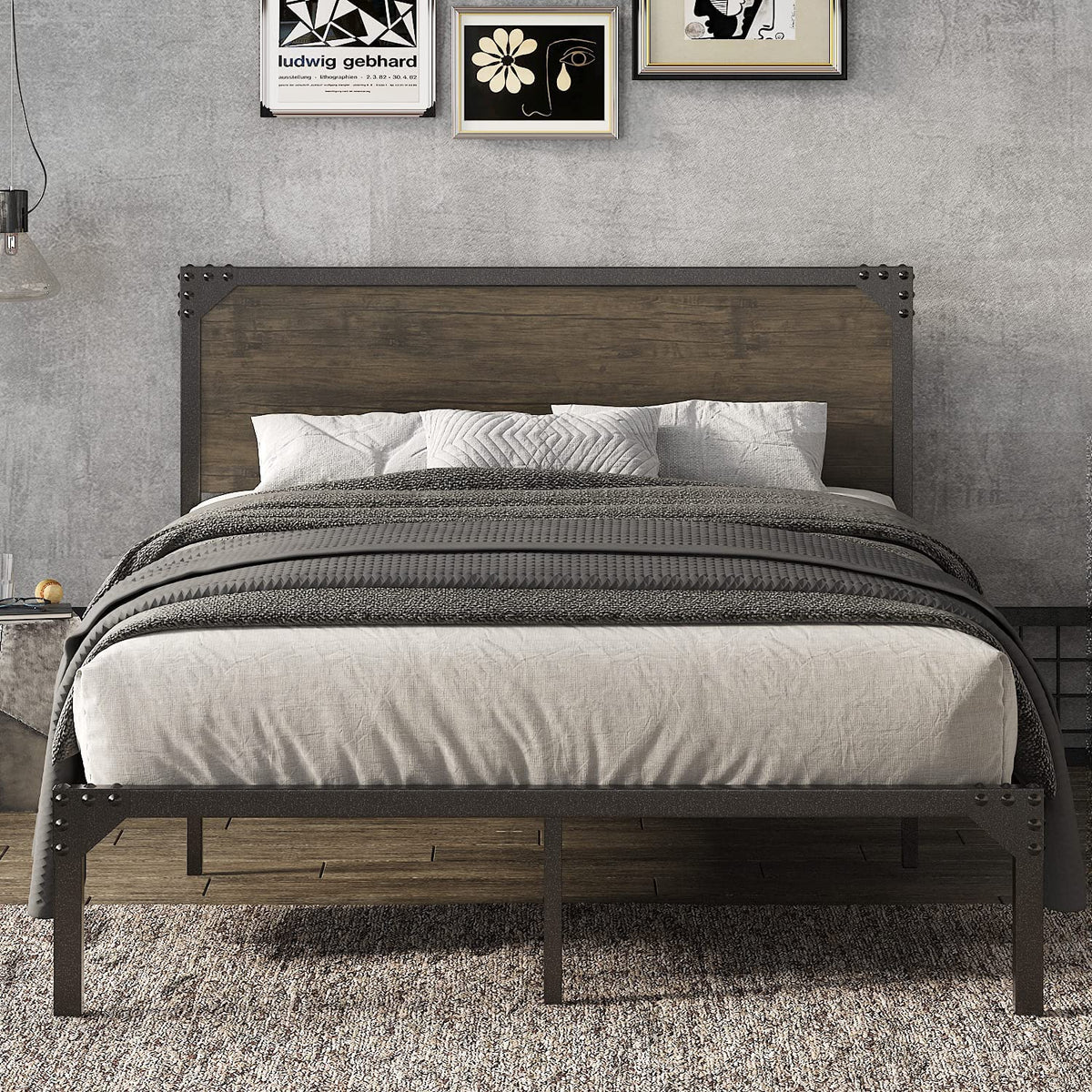 Bed Rivet Allewie Queen Size Industrial Bed Frame with Wooden Rivet Headboard, S