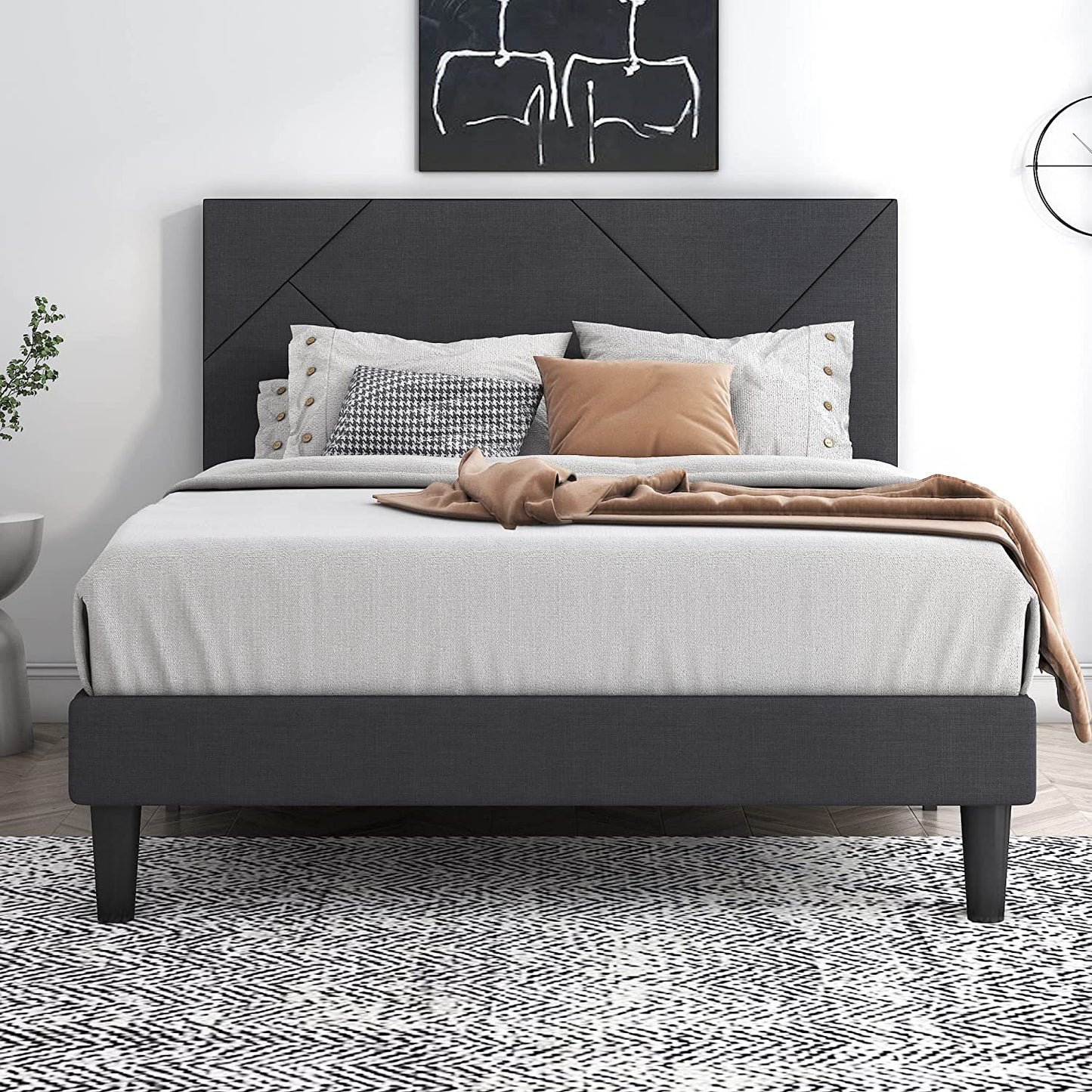 Allewie Metal Platform Bed with Geometric Upholstered Headboard and 8 Inches Underbed Space, Wood Slats Support, Noise Free, Grey