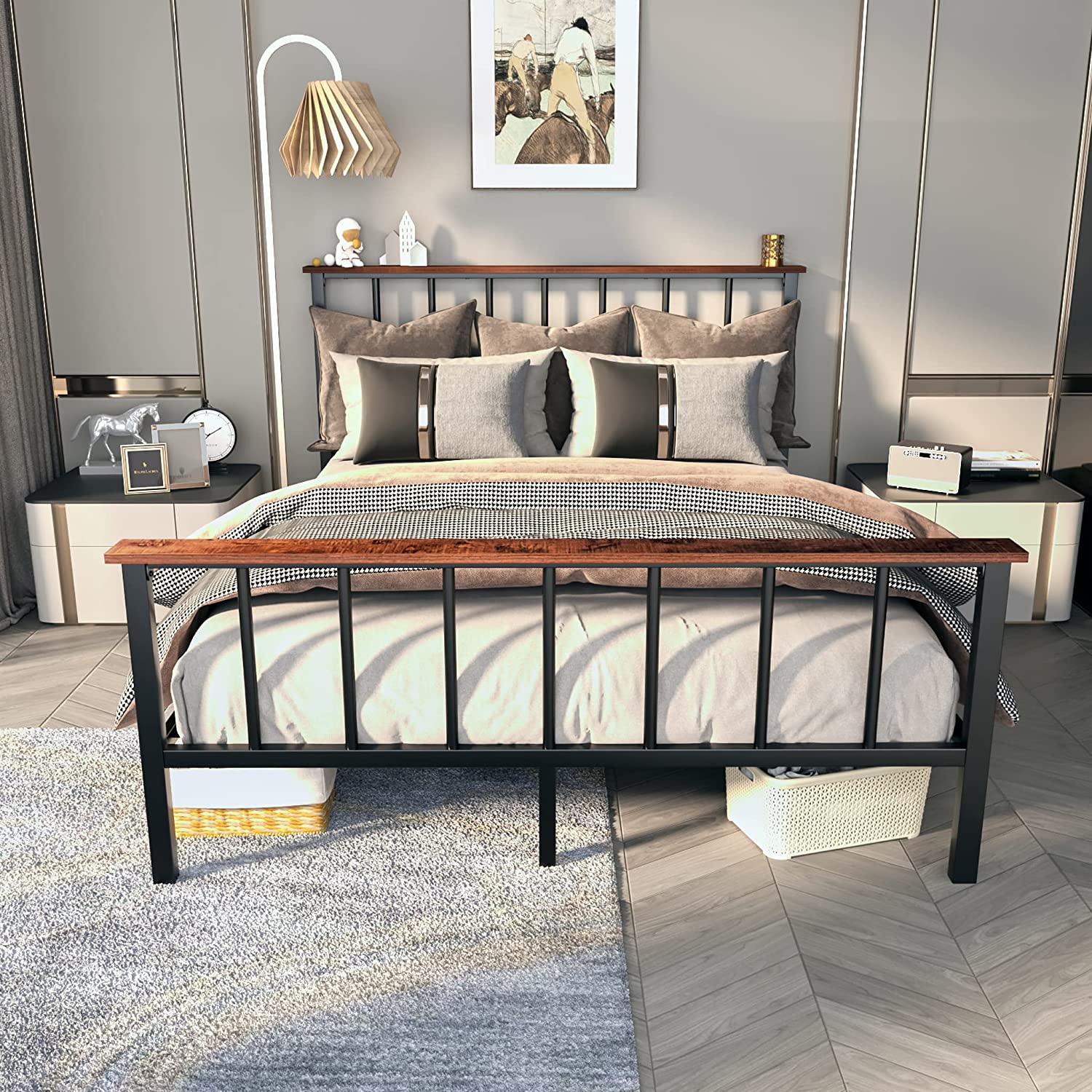 Allewie Queen Size Heavy Duty Metal Platform Bed Frame with Railing He
