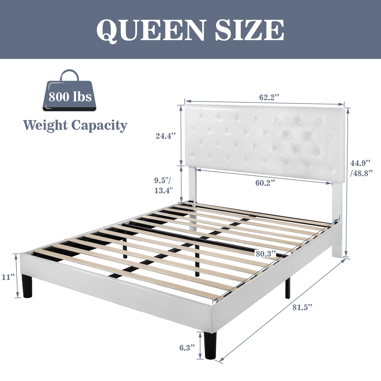 Allewie Faux Leather Upholstered Platform Bed Frame with Adjustable Diamond Stitched Button Tufted Headboard, White