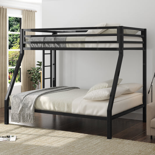 Allewie Metal Twin Over Full Bunk Beds Frame with Stairs and Full-Length Guardrail, Space-Saving,  Black