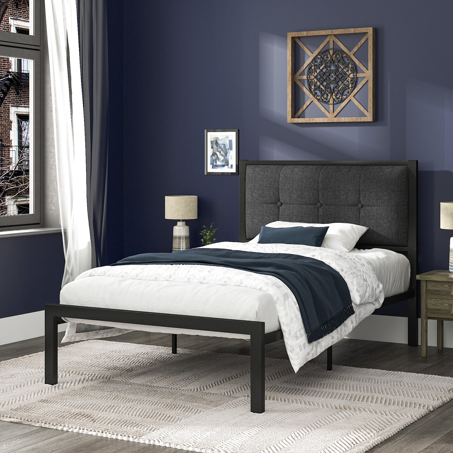 Allewie Twin Platform Bed with Upholstered Button Tufted Headboard with 11" Under-Bed Storage, Grey