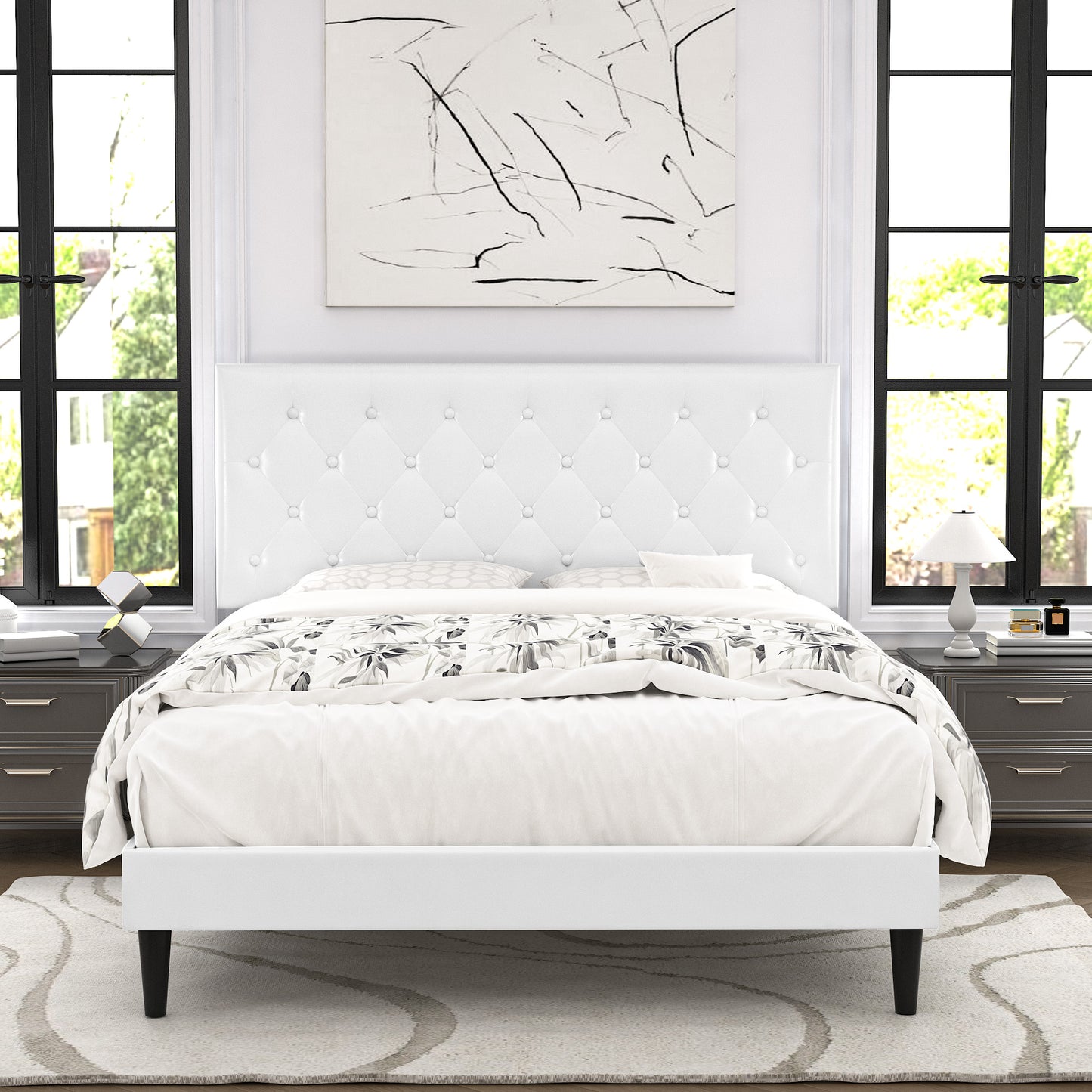 Allewie Faux Leather Upholstered Platform Bed Frame with Adjustable Diamond Stitched Button Tufted Headboard, White