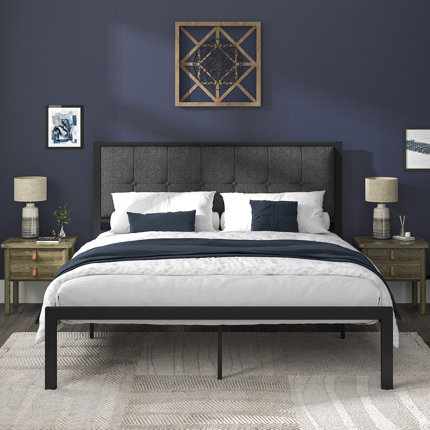Allewie Twin Platform Bed with Upholstered Button Tufted Headboard with 11" Under-Bed Storage, Grey